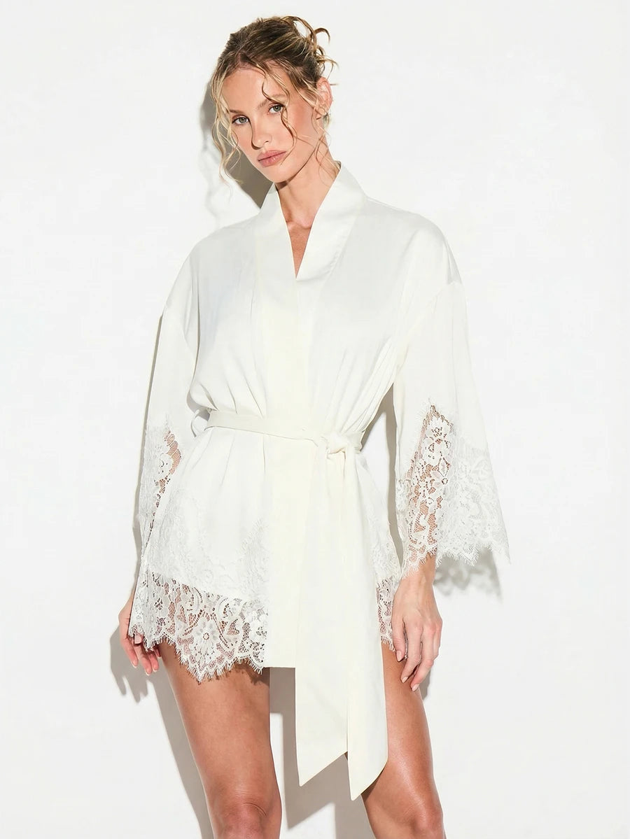 Silky Satin Kimono Night Robe With Lace Trim Belted Wrap