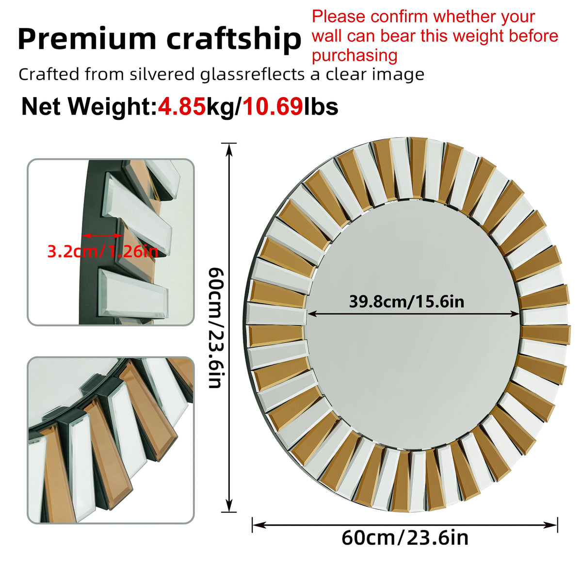Round Starburst Decorative Wall Mirror For Home Accent Decor