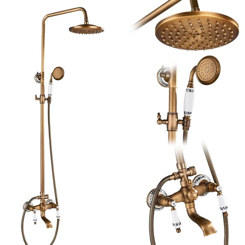 Suguword Antique Brass Wall Mount Bathtub Shower Faucet Set Handheld