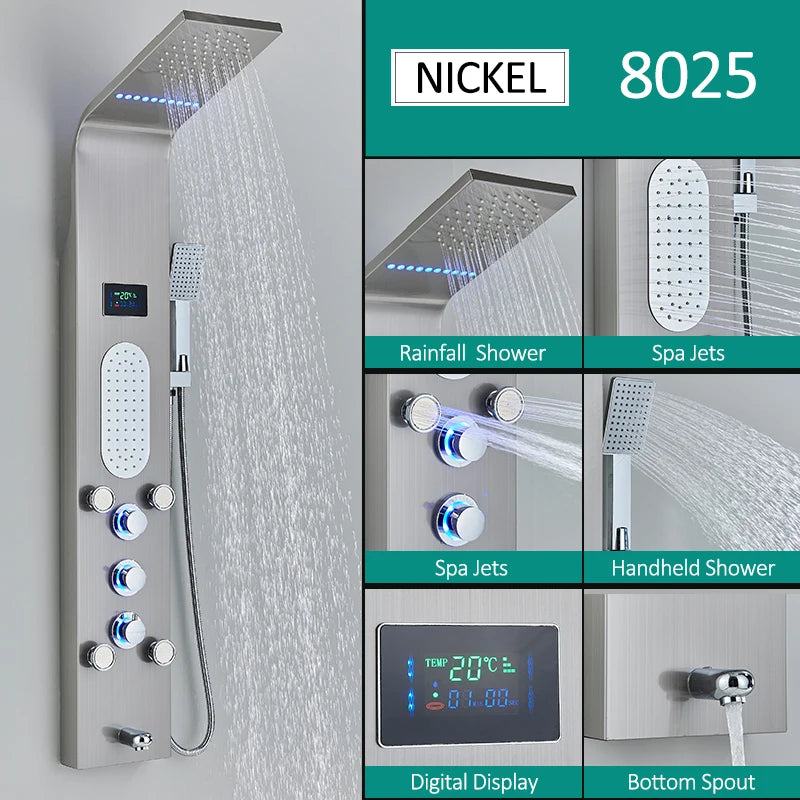 Quyanre LED Shower Panel With Rain Waterfall And Massage Jets