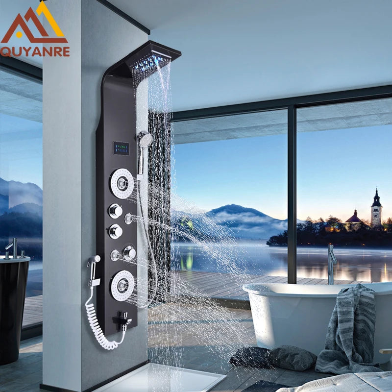 Quyanre LED Shower Panel With Rain Waterfall And Massage Jets