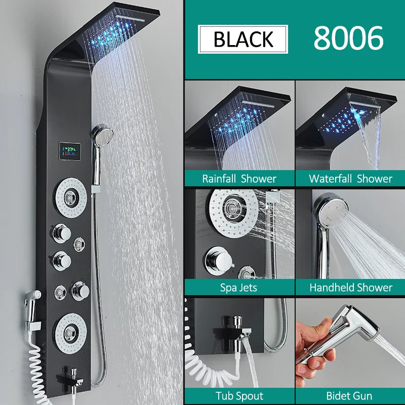 Quyanre LED Shower Panel With Rain Waterfall And Massage Jets