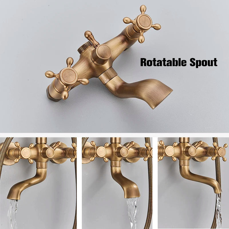 Suguword Antique Brass Wall Mount Bathtub Shower Faucet Set Handheld