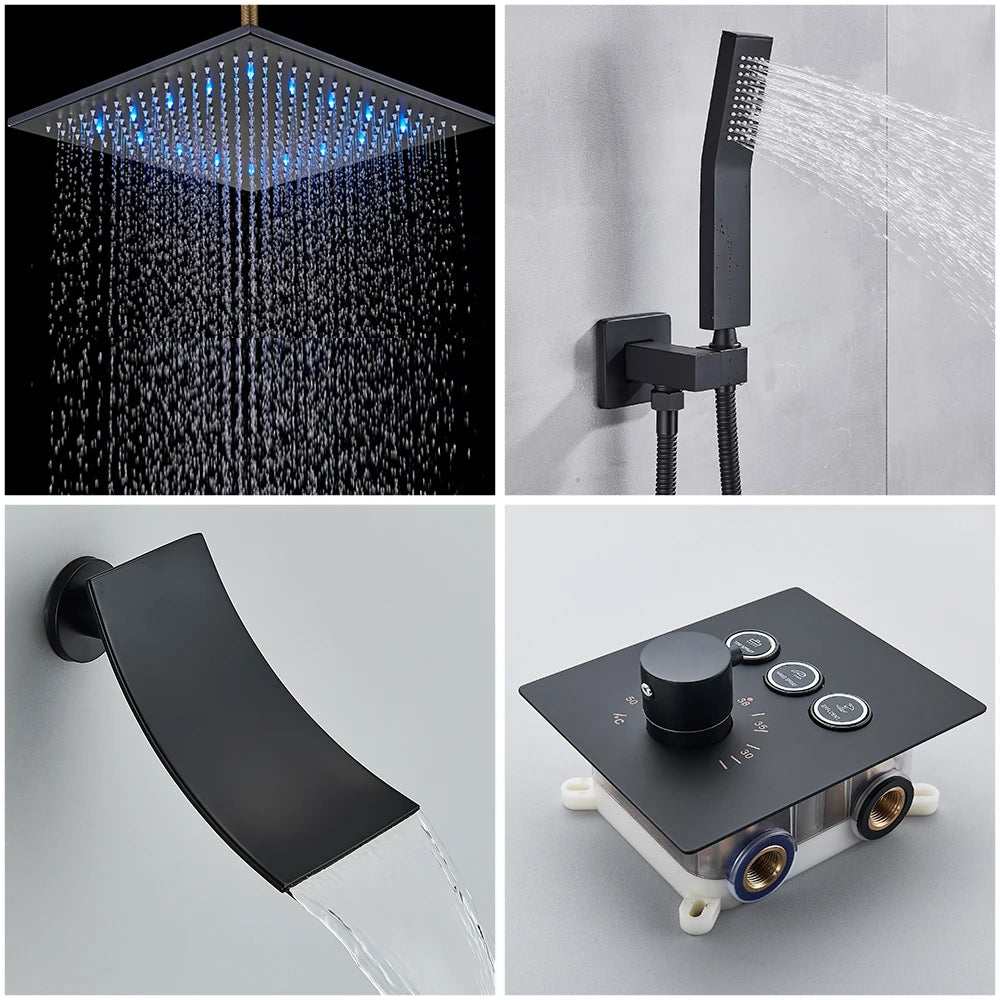 Quyanre Thermostatic Digital Shower Faucet Concealed Wall Rainfall System Set