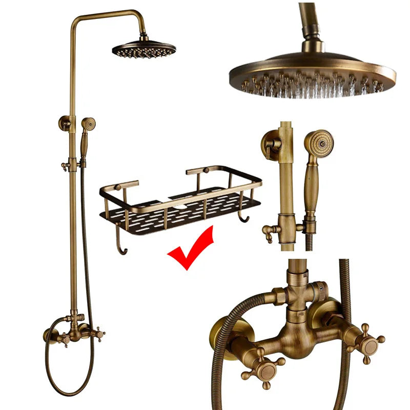 Suguword Antique Brass Wall Mount Bathtub Shower Faucet Set Handheld