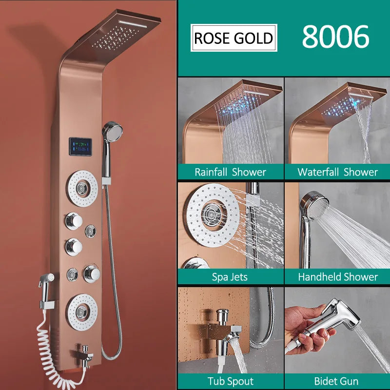 Quyanre LED Shower Panel With Rain Waterfall And Massage Jets