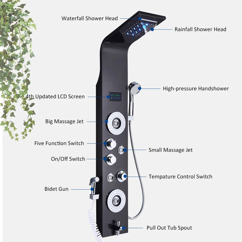 Quyanre LED Shower Panel With Rain Waterfall And Massage Jets