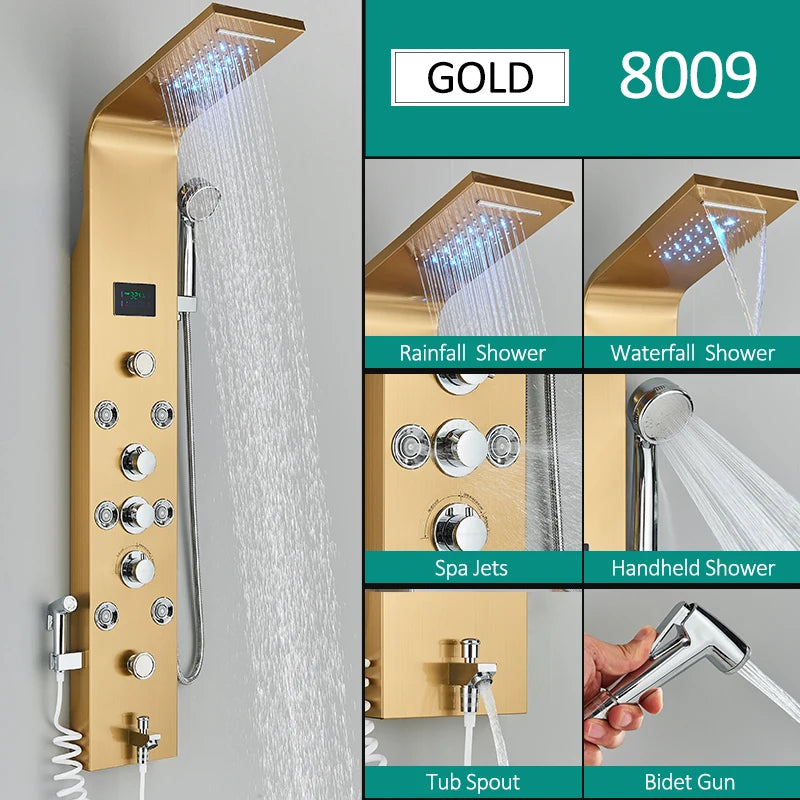 Quyanre LED Shower Panel With Rain Waterfall And Massage Jets