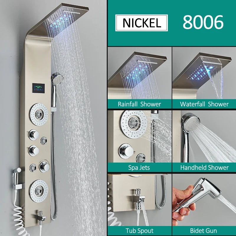 Quyanre LED Shower Panel With Rain Waterfall And Massage Jets