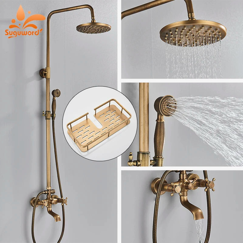 Suguword Antique Brass Wall Mount Bathtub Shower Faucet Set Handheld