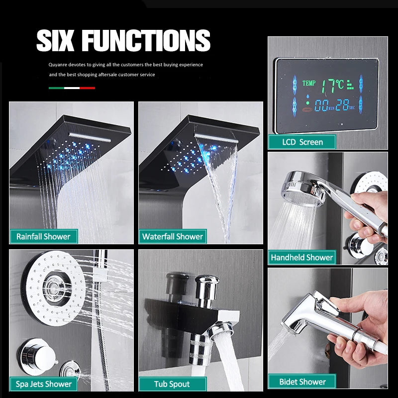 Quyanre LED Shower Panel With Rain Waterfall And Massage Jets