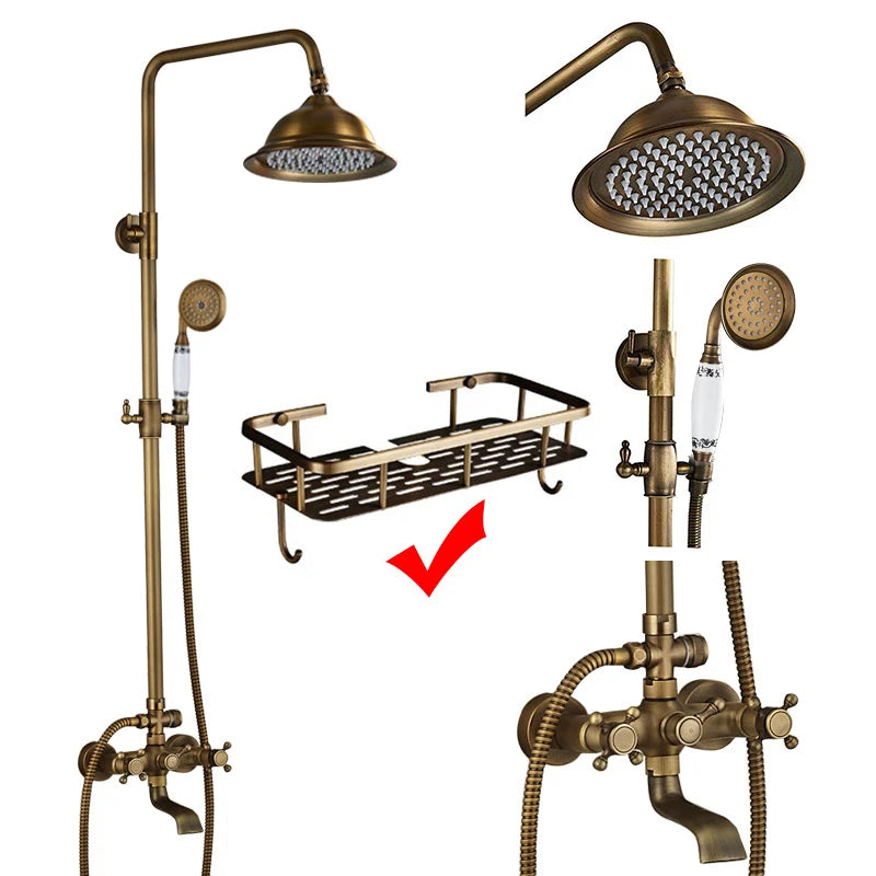 Suguword Antique Brass Wall Mount Bathtub Shower Faucet Set Handheld