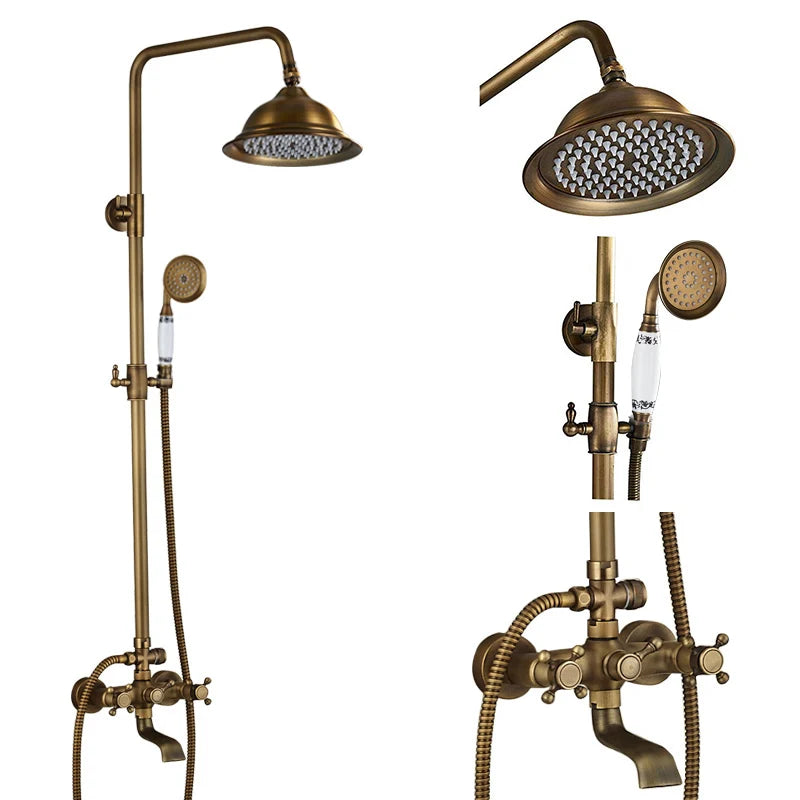 Suguword Antique Brass Wall Mount Bathtub Shower Faucet Set Handheld