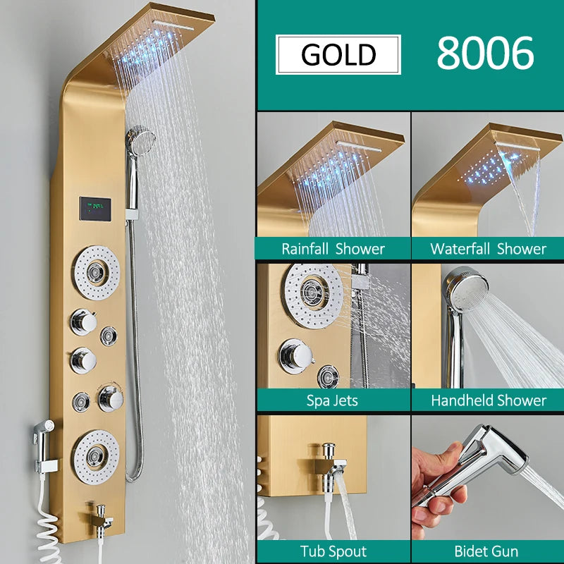 Quyanre LED Shower Panel With Rain Waterfall And Massage Jets
