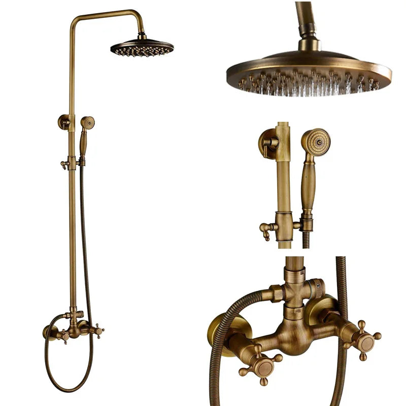 Suguword Antique Brass Wall Mount Bathtub Shower Faucet Set Handheld