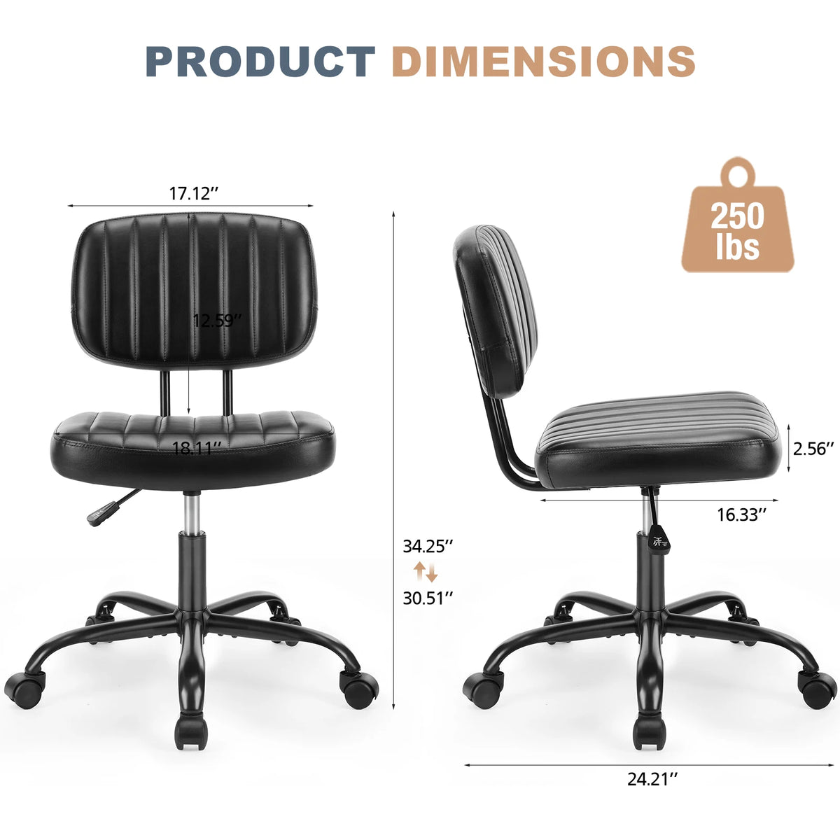 JHK Armless Office Chair Lumbar Support Height Adjustable Leather Swivel