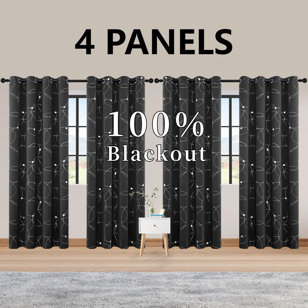 Room Darkening Blackout Curtains With Grommet And Foil Pattern