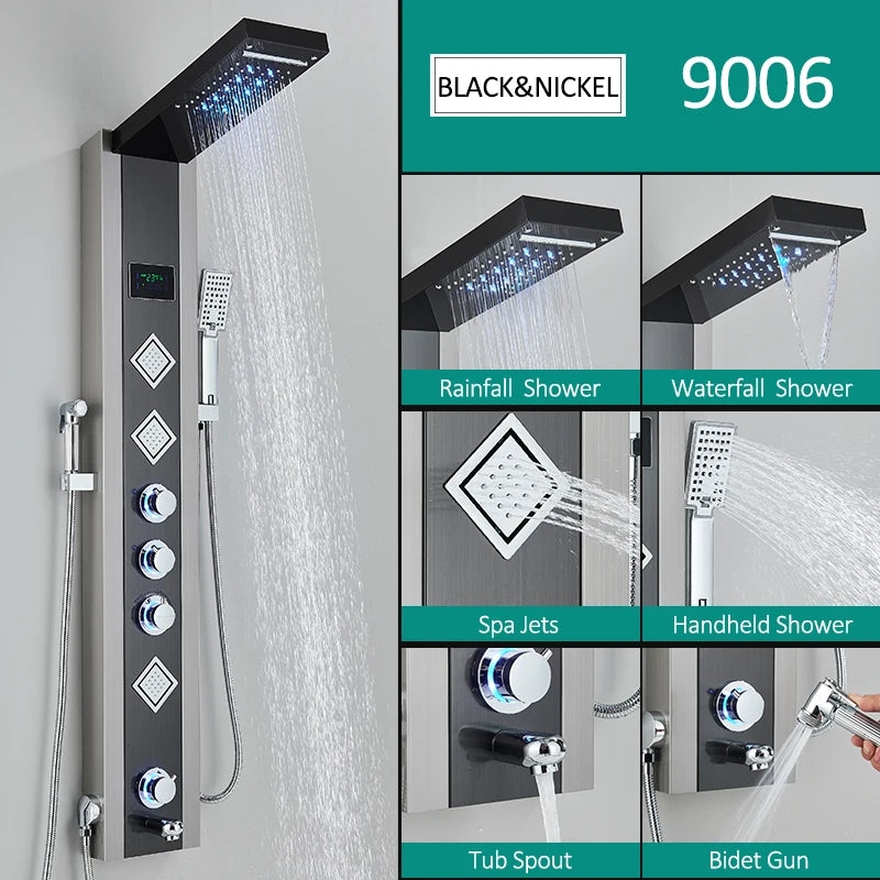 Quyanre LED Shower Panel With Rain Waterfall And Massage Jets