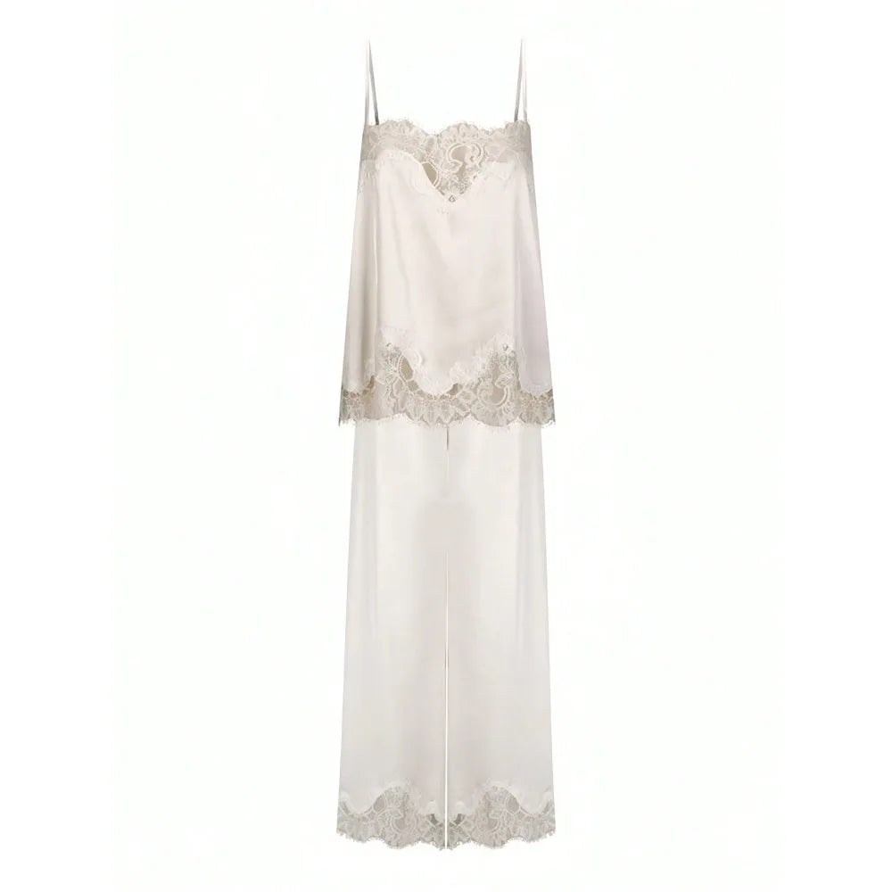 Women 2 Piece Lace Satin Lounge Set Spaghetti Strap Top