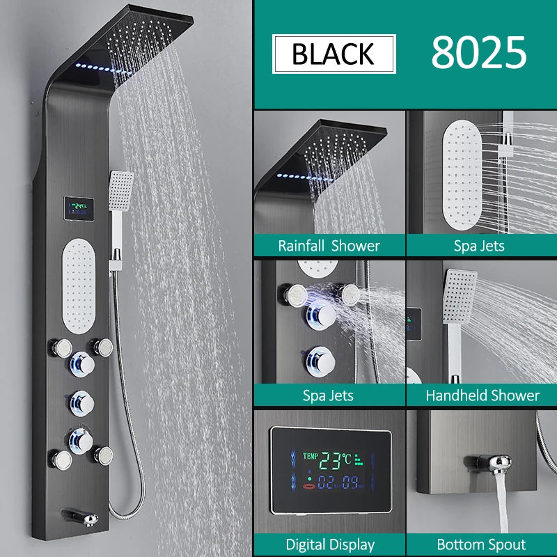 Quyanre LED Shower Panel With Rain Waterfall And Massage Jets