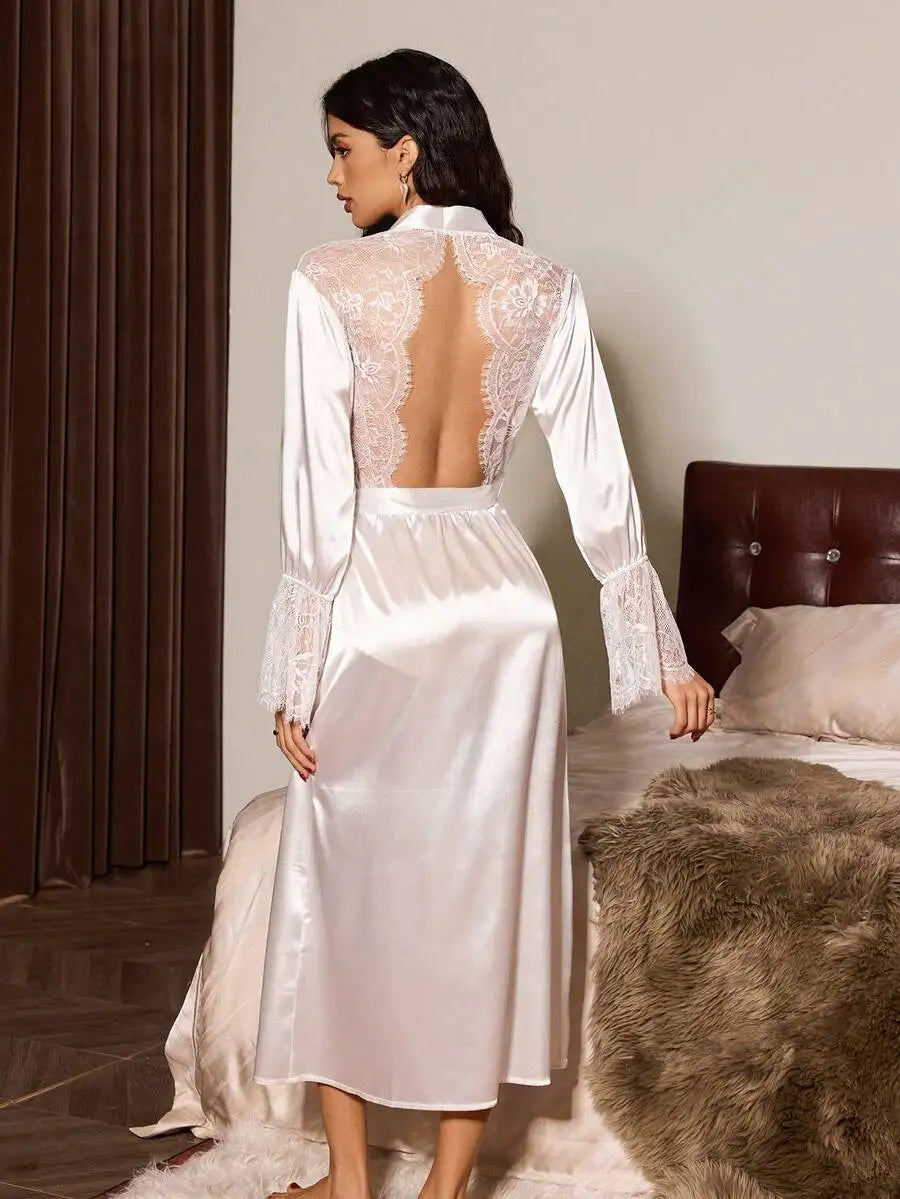 Satin Open Back Lace Trim Robe Long Sleeve Sleep Dress