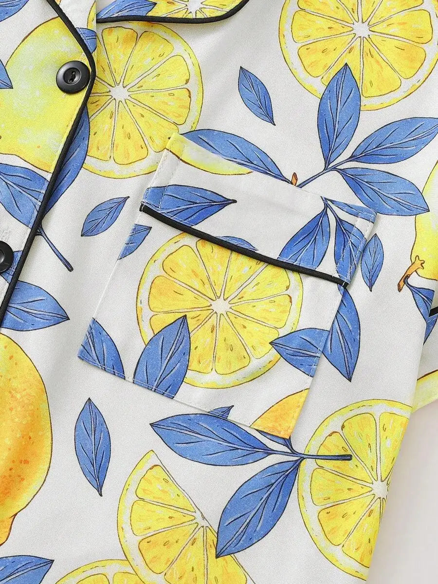 Women Lemon Print Pajama Set With Collared Short Sleeve Top