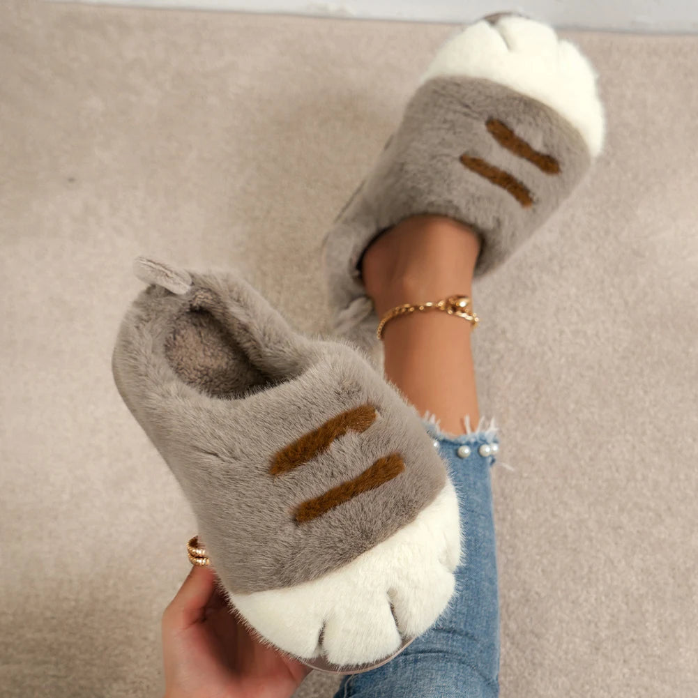 3D Cat Paw Slippers Women Warm Furry Slides Non Slip Home Shoes