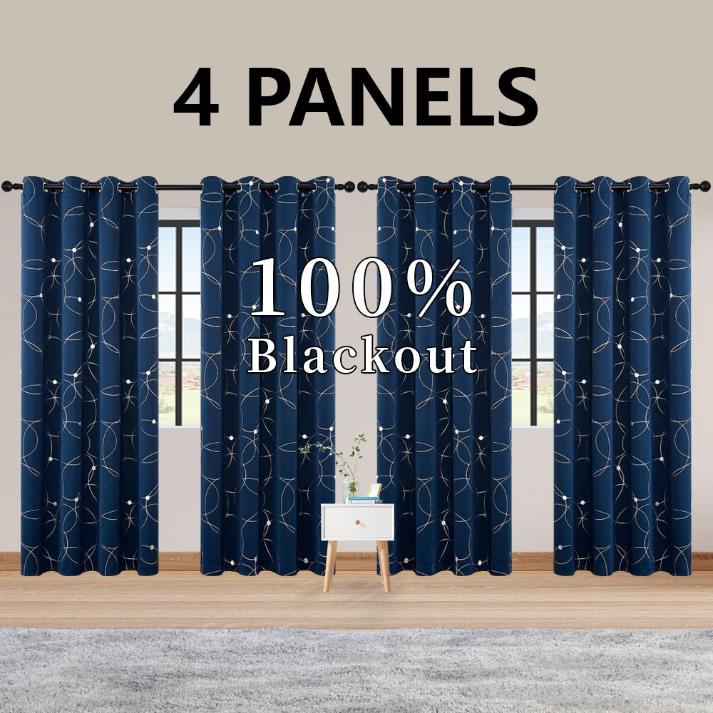Room Darkening Blackout Curtains With Grommet And Foil Pattern