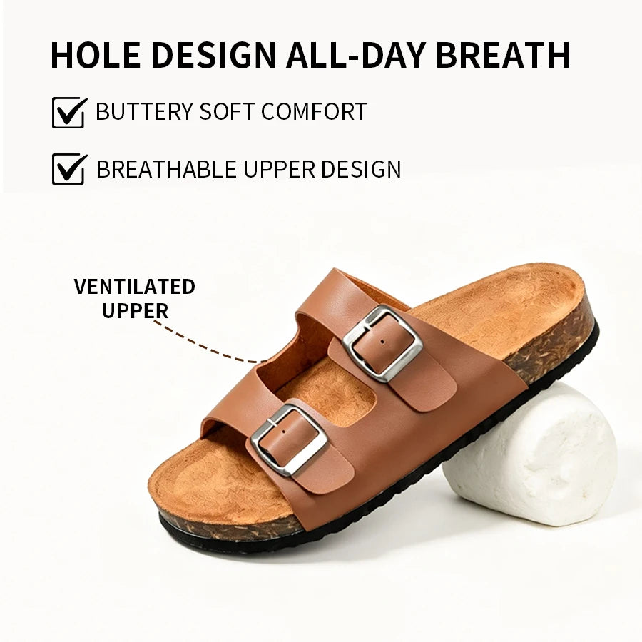 Unisex Cork Slippers And Beach Sandals With Two Buckle Straps