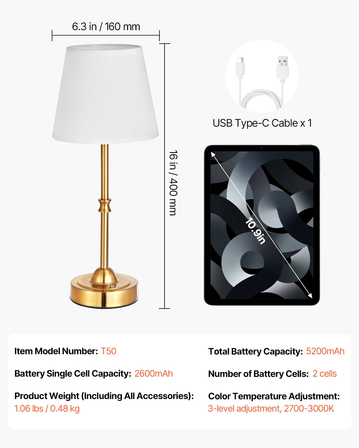 SucceBuy Cordless Rechargeable Desk Lamp With Adjustable Brightness