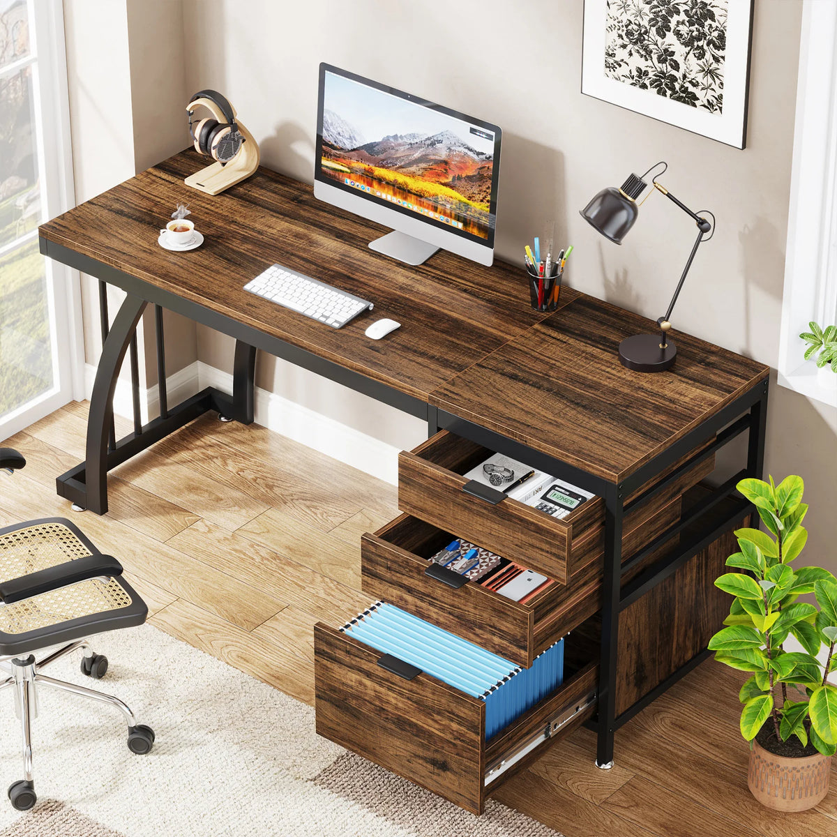 Tribesigns Computer Desk With Three Drawers Home Office Writing Workstation