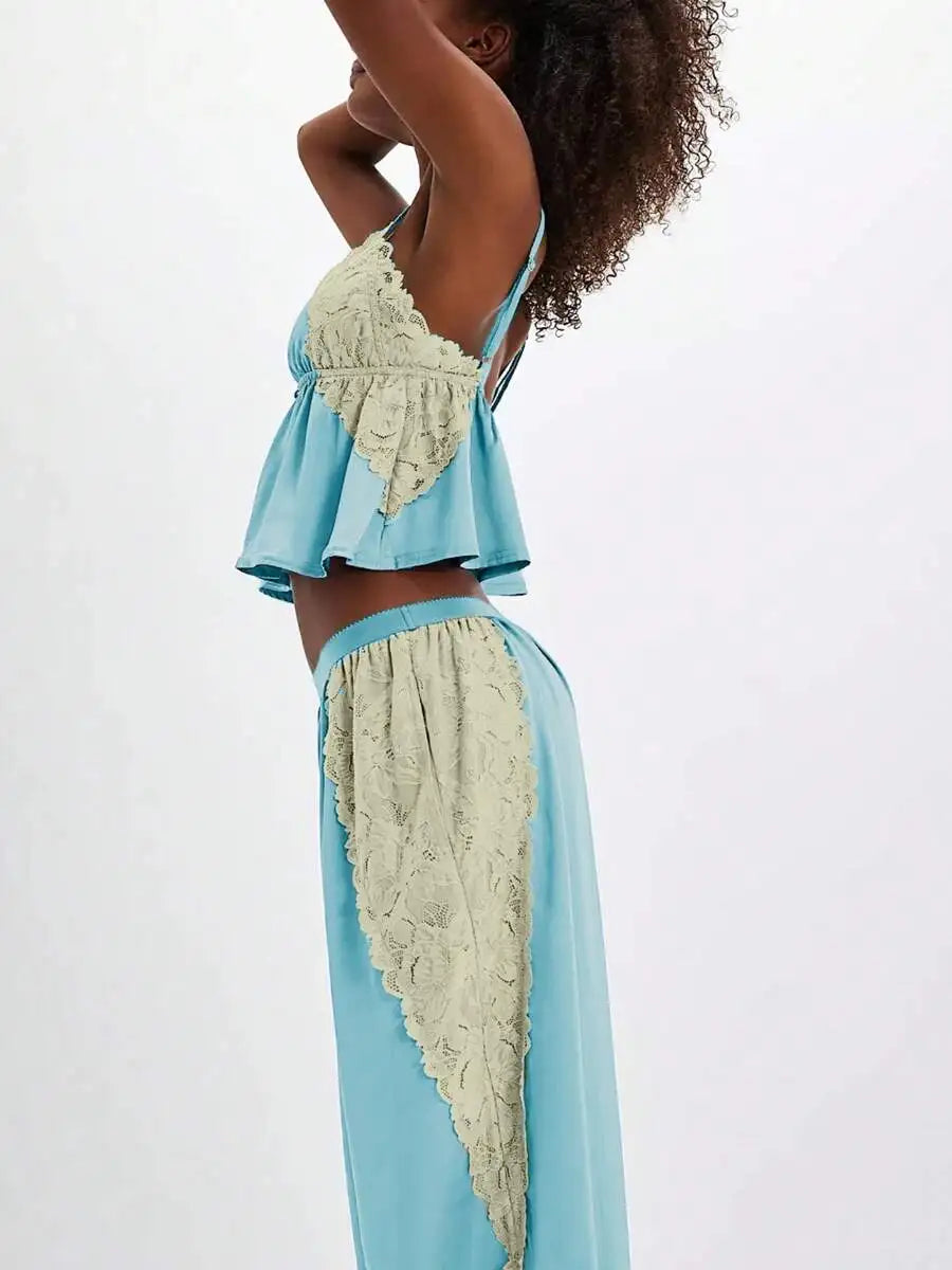 Womens Satin Lace Pajama Set Spaghetti Strap Cami Top