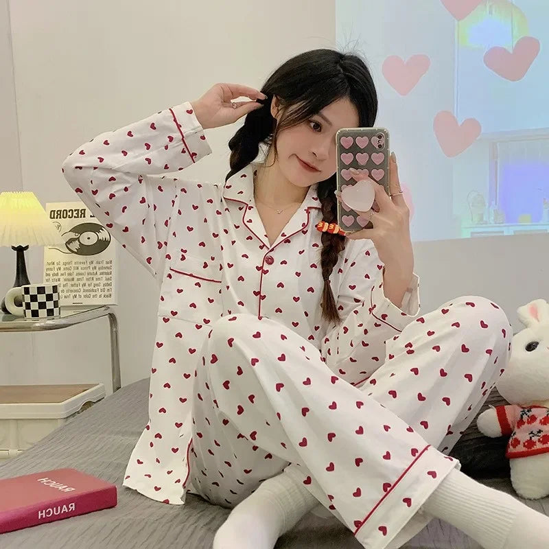 Korean Style Womens Long Sleeve Pajama Set Autumn Homewear