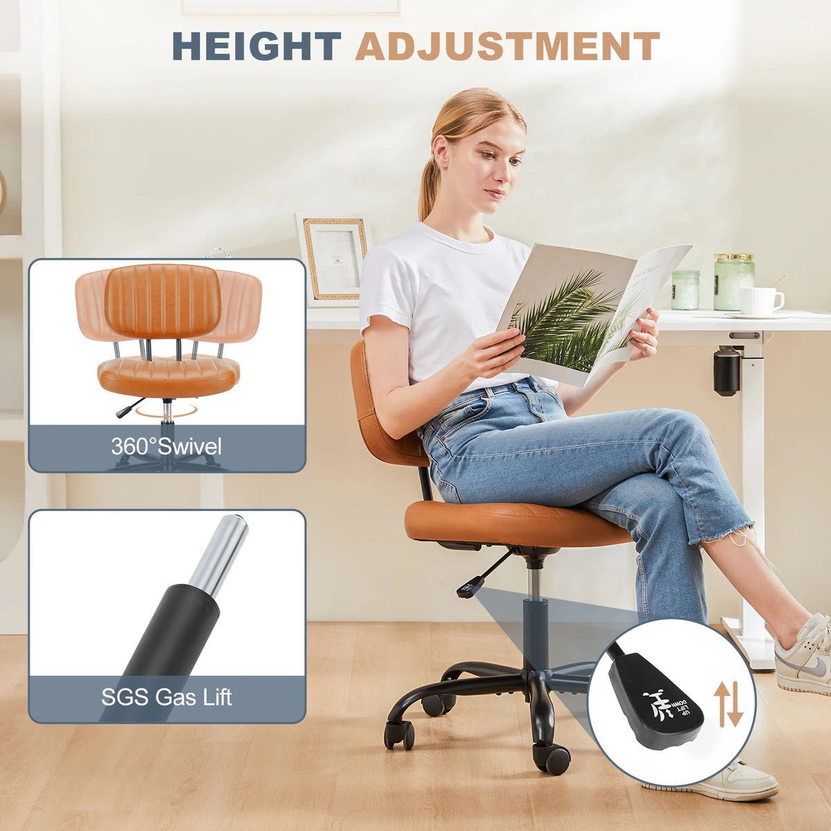 JHK Armless Office Chair Lumbar Support Height Adjustable Leather Swivel