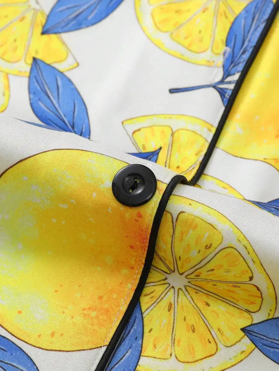 Women Lemon Print Pajama Set With Collared Short Sleeve Top