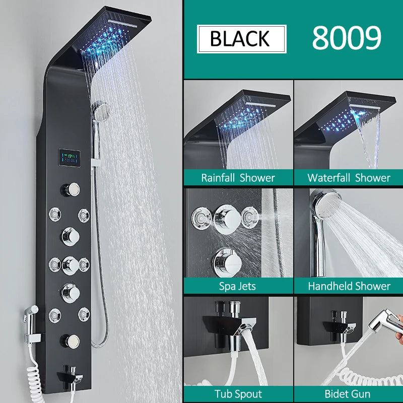 Quyanre LED Shower Panel With Rain Waterfall And Massage Jets