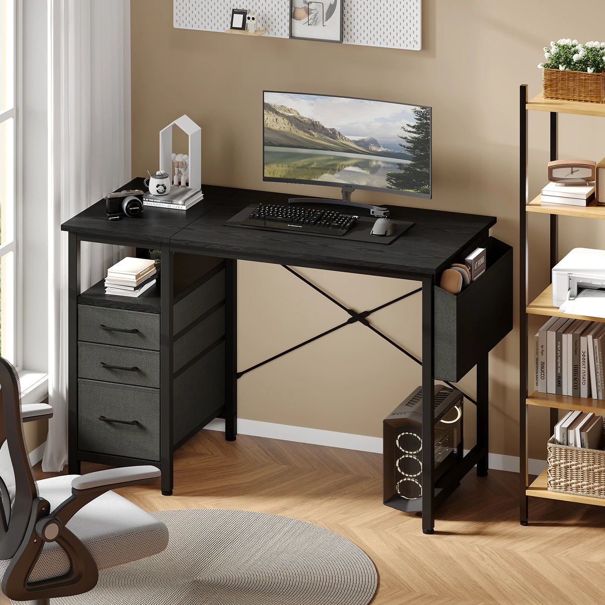 JHK Modern Metal Computer Desk With Fabric Drawers Space Saving