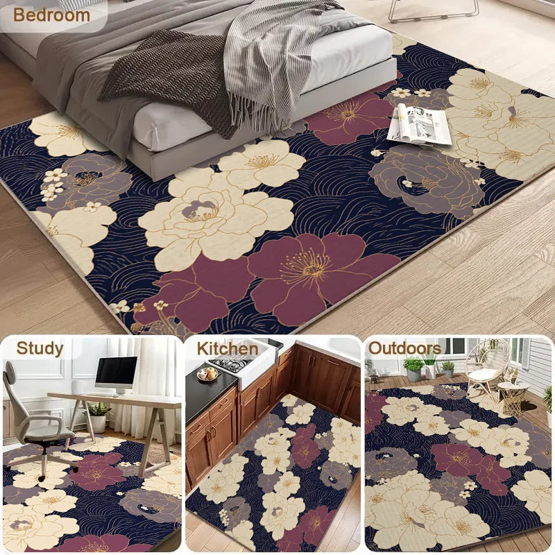 Vikama Modern Striped Floral Non Slip Polyester Living Room Rug