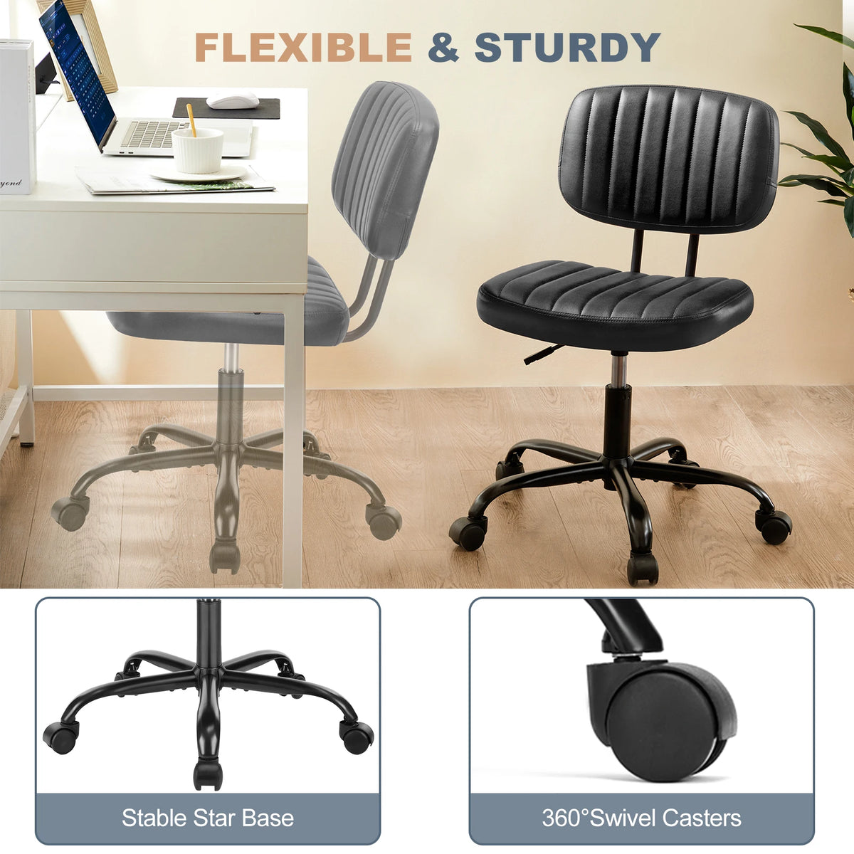 JHK Armless Office Chair Lumbar Support Height Adjustable Leather Swivel