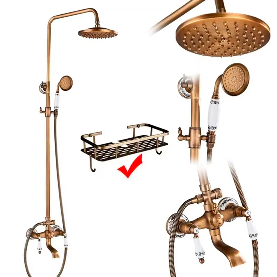Suguword Antique Brass Wall Mount Bathtub Shower Faucet Set Handheld