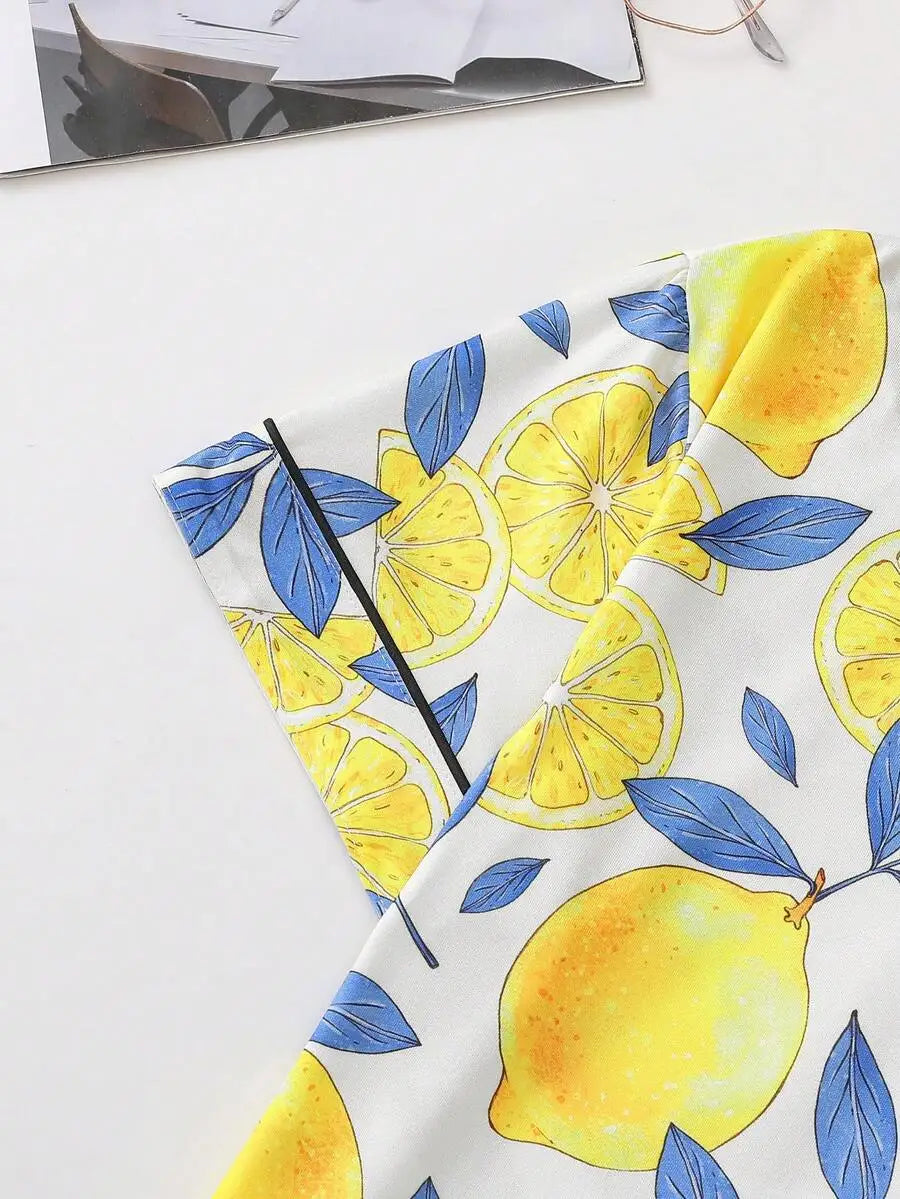 Women Lemon Print Pajama Set With Collared Short Sleeve Top