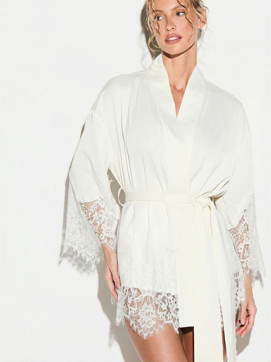 Silky Satin Kimono Night Robe With Lace Trim Belted Wrap