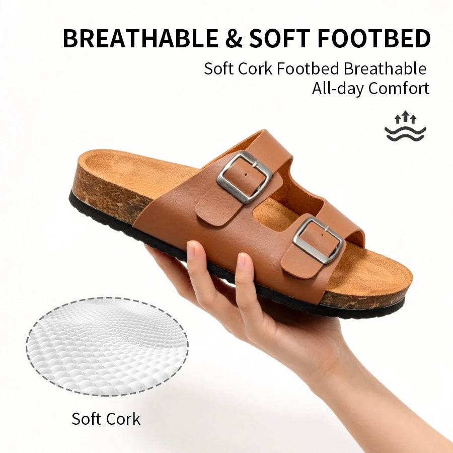 Unisex Cork Slippers And Beach Sandals With Two Buckle Straps