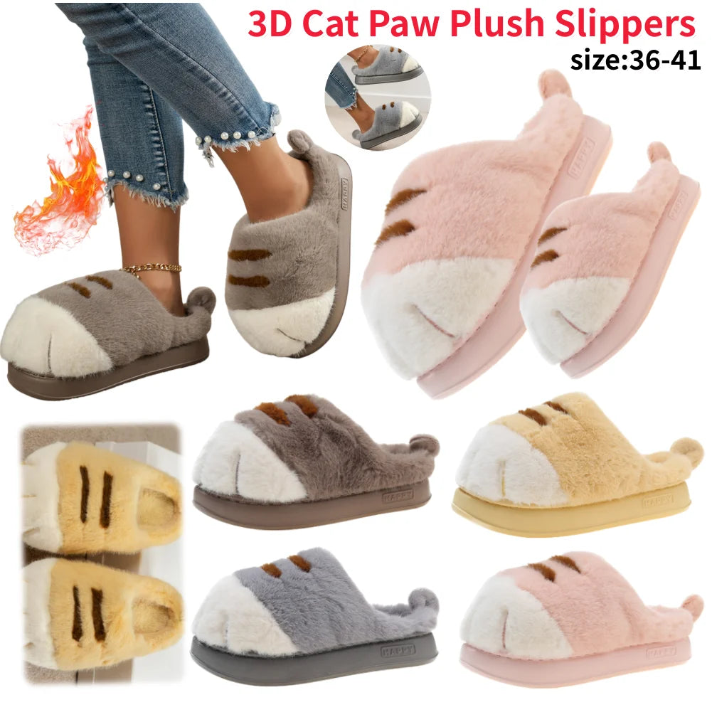 3D Cat Paw Slippers Women Warm Furry Slides Non Slip Home Shoes