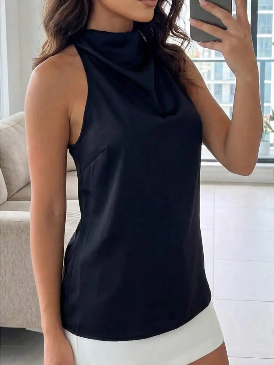 Satin Halter Neck Sleeveless Blouse With Cowl Neck Silky Fabric