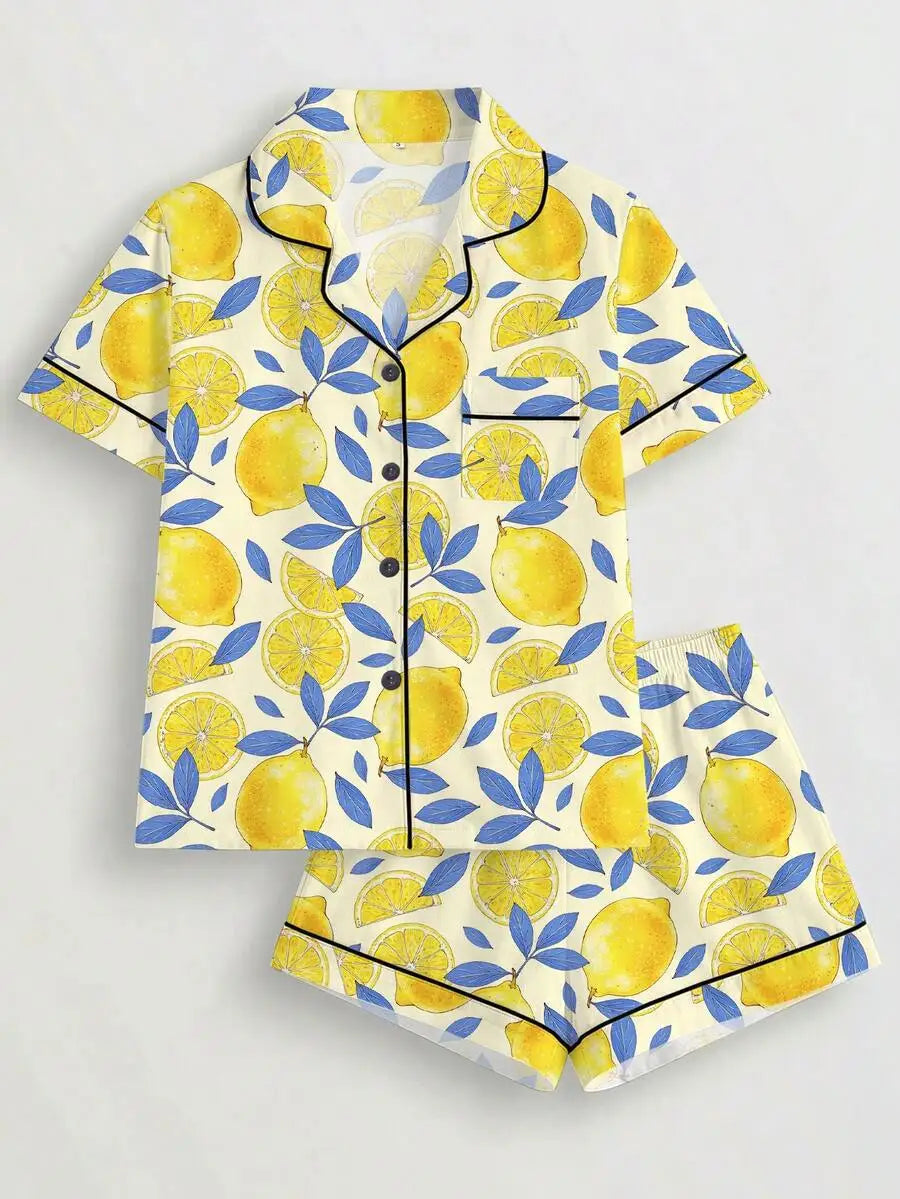 Women Lemon Print Pajama Set With Collared Short Sleeve Top