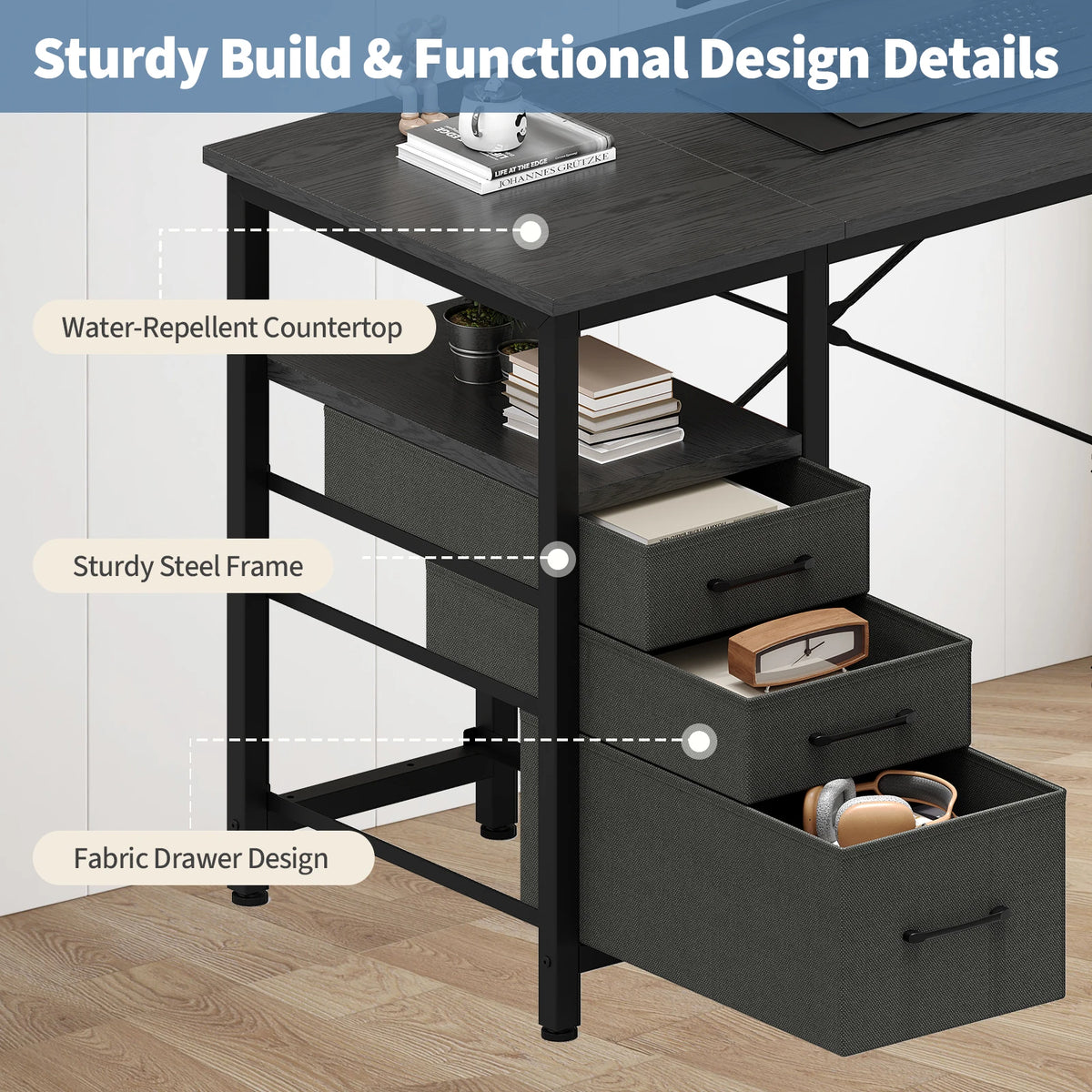 JHK Modern Metal Computer Desk With Fabric Drawers Space Saving