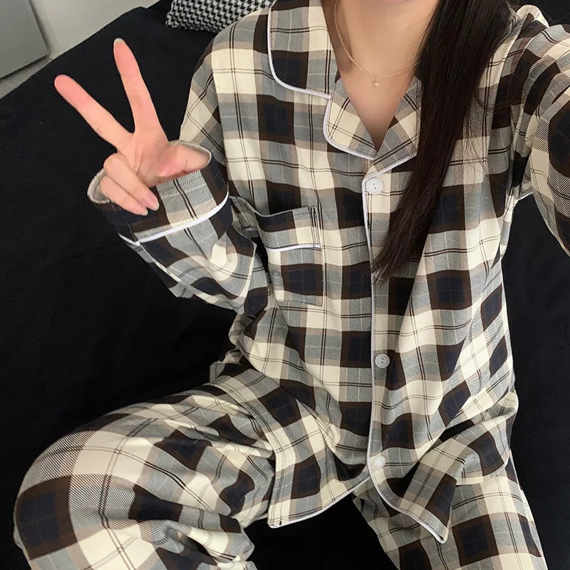 Korean Style Womens Long Sleeve Pajama Set Autumn Homewear