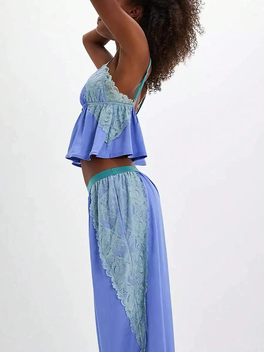 Womens Satin Lace Pajama Set Spaghetti Strap Cami Top