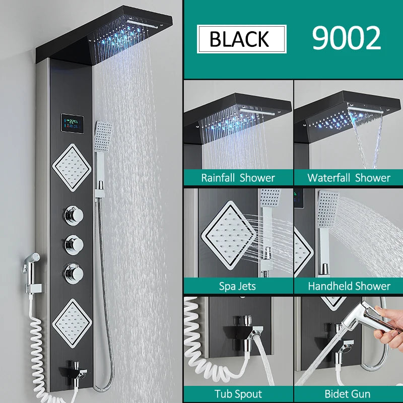 Quyanre LED Shower Panel With Rain Waterfall And Massage Jets